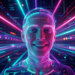 Avatar of a smiling user bathed in neon light