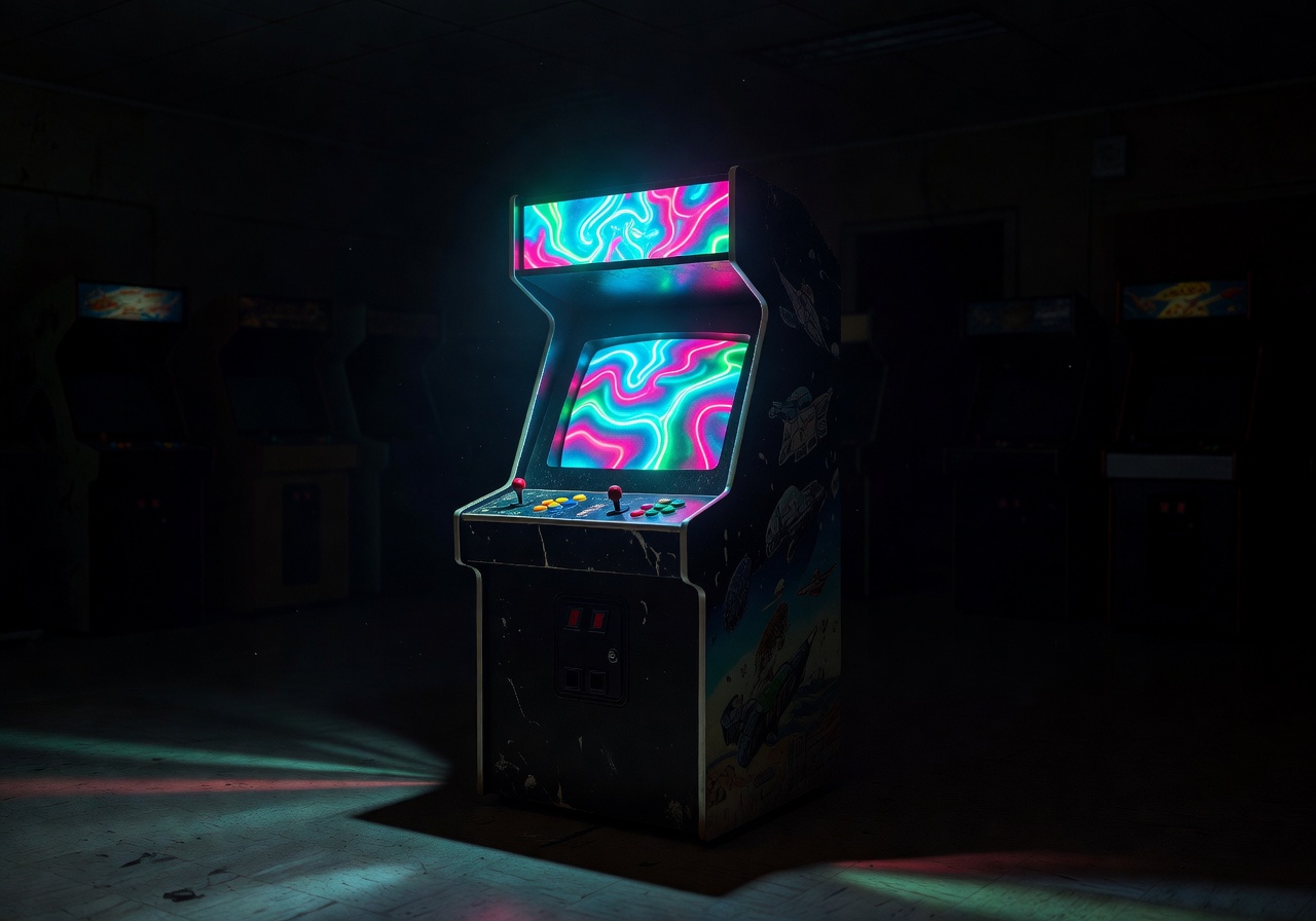 Neon glowing arcade machine in a dark room