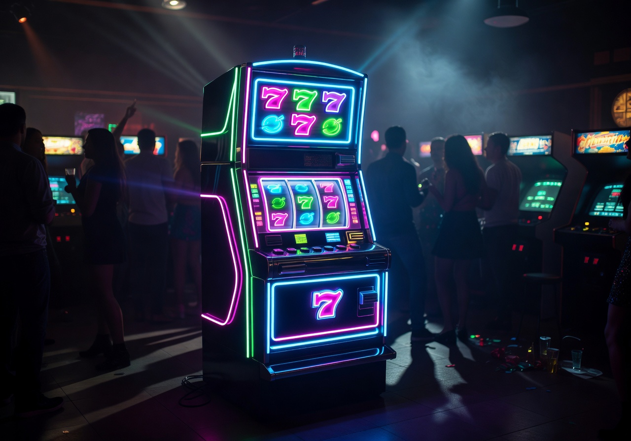 Neon slot machine in a dark arcade party setting